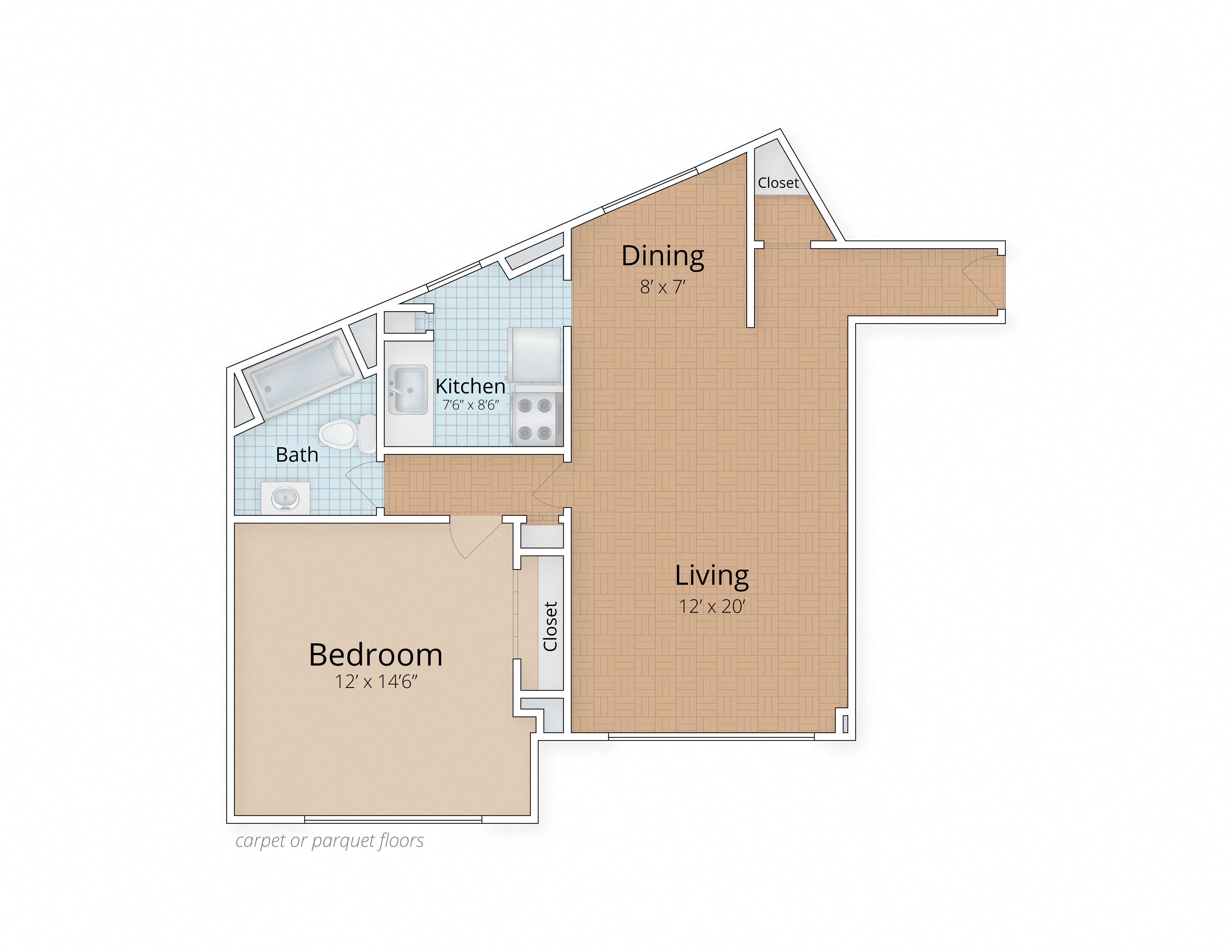 Floor plan for 1 bed, 1 bath, 663 sqft